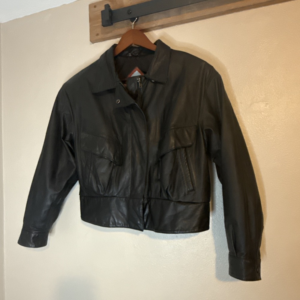 Vintage 90 Dakota Leather Bomber Jacket Women's Medium Black Moto Cropped Korea